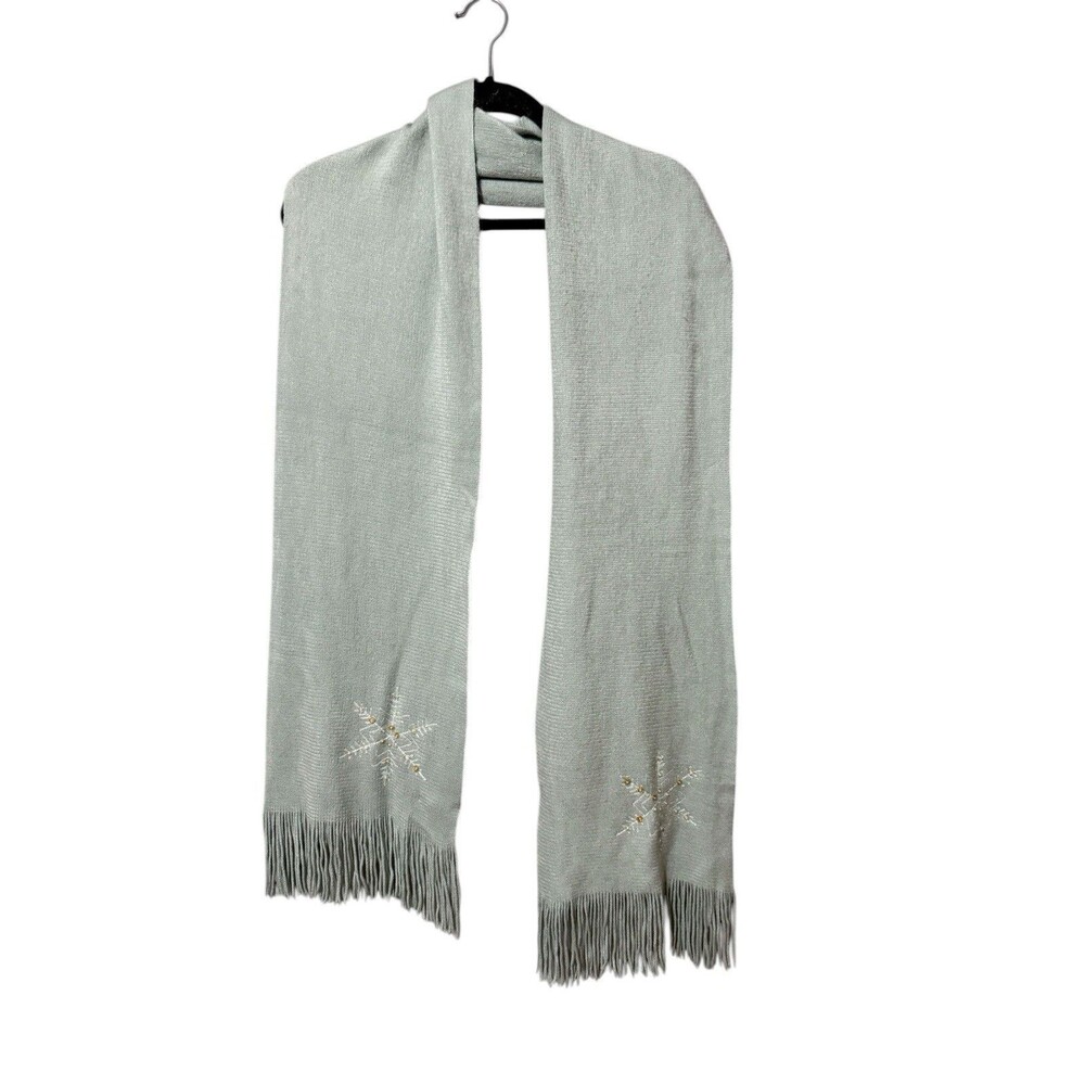 MNG Knit Scarf Sage Green Fringe Beaded Snowflake Soft Winter